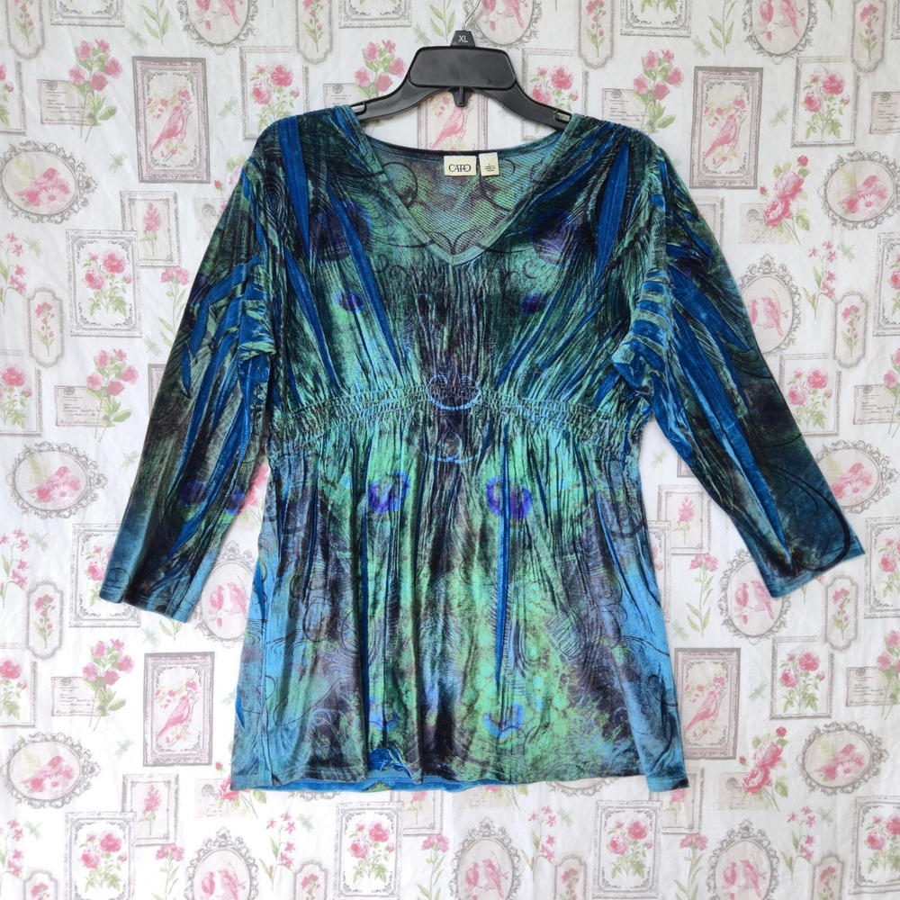 Cato Velvet Burnout Top Large L Peacock Blue Green V-Neck Whimsigoth Fairy Boho